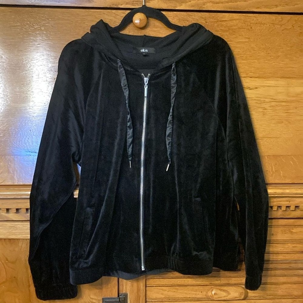 Ellos Y2K Soft Grunge Black Velour Zip Up Hoodie Sweatshirt Emo Athleisure 14